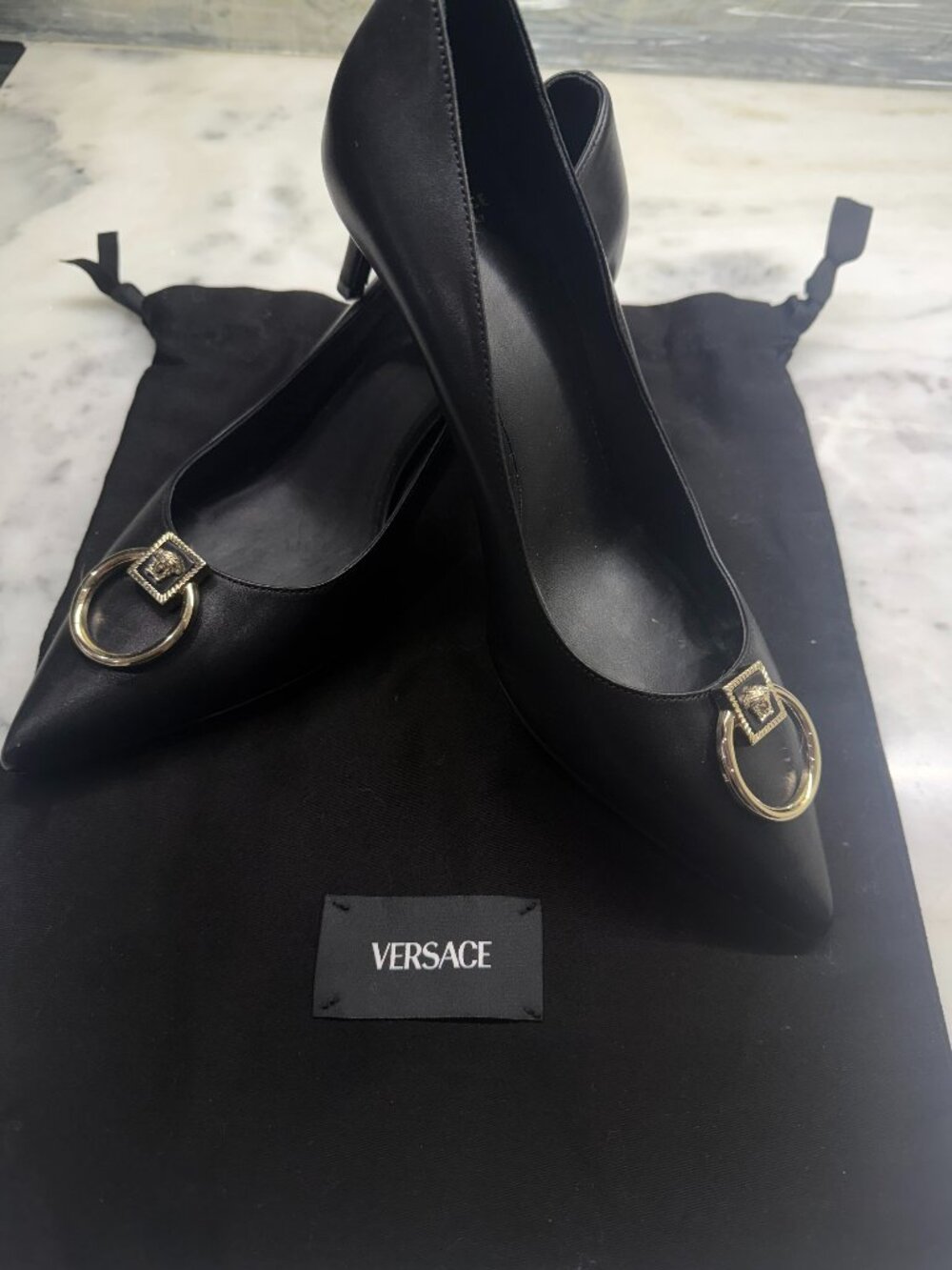 Versace 2" heels Black w Gold hardware